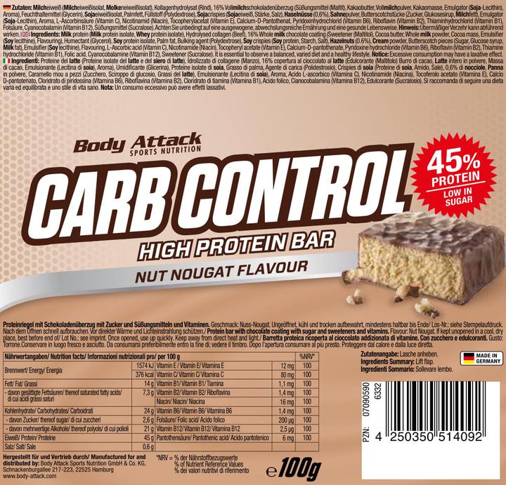 Produktbild Body Attack Carb Control (15x100g Riegel) (Stracciatella, 15 Stk., 1500 g)