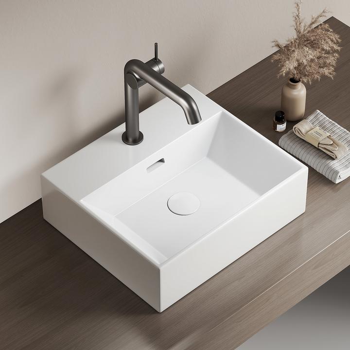 Produktbild Emke Aufsatzwaschbecken Keramik Waschbecken Eckiger Hängewaschbecken Waschtisch, Modernes Design für (415 mm, 360 mm)