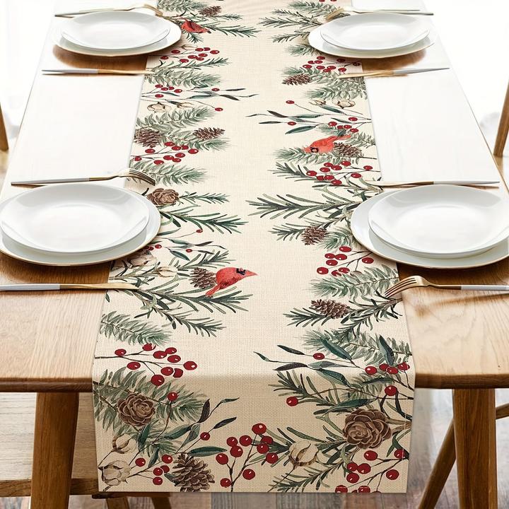 Actual product image Alopini Table runner, winter theme pine needles twigs printed table runner, pine cones cardinal red birds (100 x 100 cm)