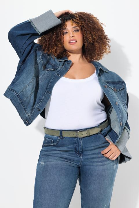 Immagine prodotto Ulla Popken Giacca di jeans con frange, collo da camicia e ampio risvolto sulle maniche (56)