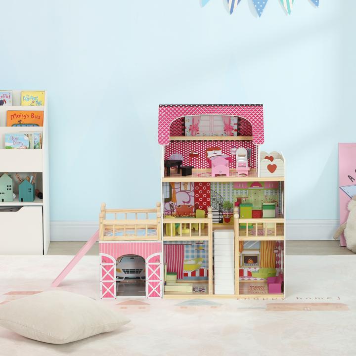 Produktbild Fasnacht Rosa Puppenhaus mit 3 Etagen 13 Möbelstücke aus MDF Holz 114x32x92cm