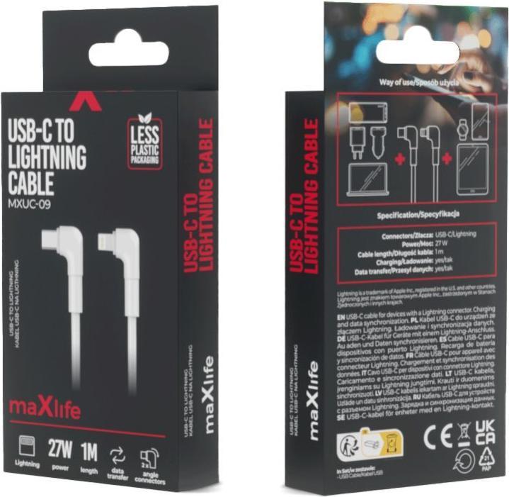 Produktbild Maxlife MXUC-09 Winkelkabel USB-C - Lightning 1,0 m 27W weiss (1 m, 27 W)
