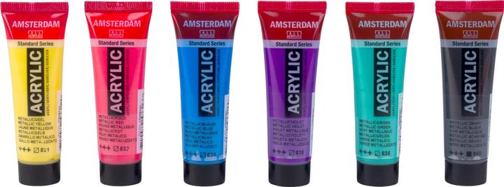 Produktbild Talens Acryl Amsterdam Standard Set Colorful Metallic Selection 6x20ml (Metallic Gelb, Metallic Schwarz, Metallic Grün, Metallic Rot, Metallic violett, Metallic Blau, 120 ml)