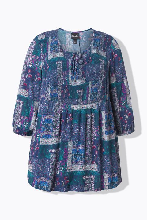 Actual product image Ulla Popken Patchwork Print Smocked 3/4 Sleeve Blouse (58)