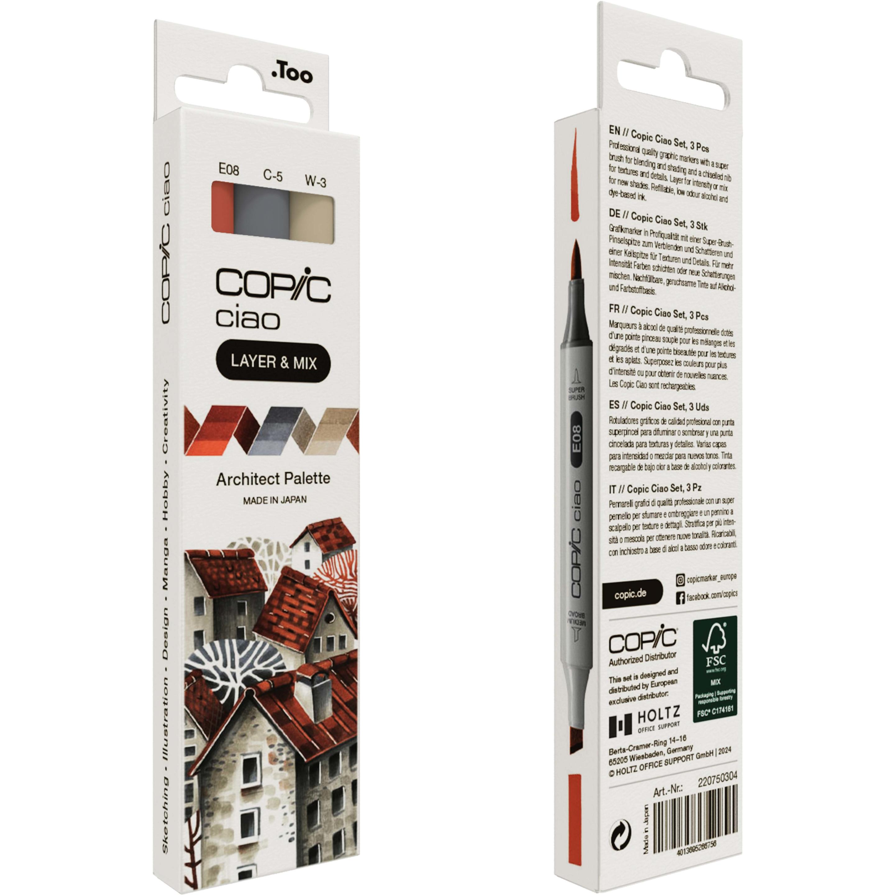 Thumbnail - Copic, Marker, CIAO - Marker (E-08 Brown, W-3 Warm Gray No. 3, C-5 Cool Gray No. 5, 6 mm, 3 x)
