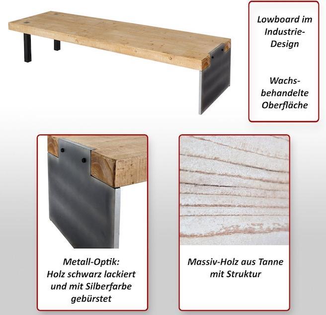 Produktbild Mendler Lowboard HWC-L75, Industrial Massiv-Holz MVG-zertifiziert 40x200x60cm, natur