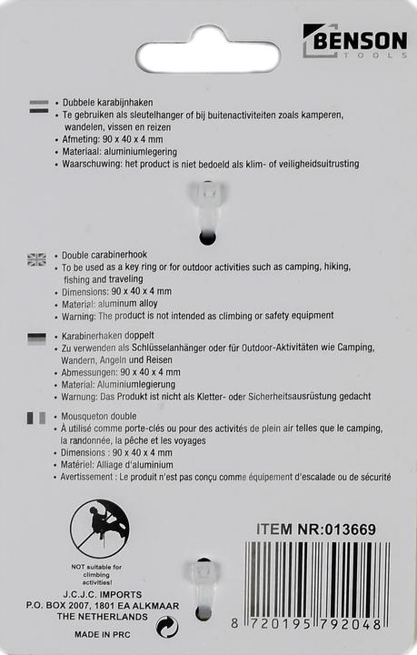Actual product image Benson Carabiner hooks double 40 x 90 mm