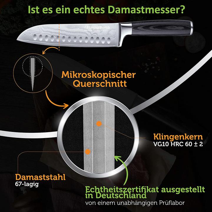 Produktbild FlavourBomb Santoku Messer aus echtem Damaszener Stahl (18 cm)