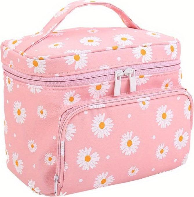 Only-Bags.Store Daisy Print Makeup Tasche grosse Kosmetiktasche mit Pinselhalter Reise Make Up Tasche