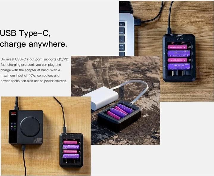 Image du produit Isdt Chargeur C4 Air USB-C, pour NiMH & Li-ion (1 pcs, 10440, 10500, 12500, 13500, 14500, 14650, 16650, 17650, 17670, 18650, 18700, 20650, 20700, 21700, 22650, 26650, AAA, AA, Chargeurs sans batterie)