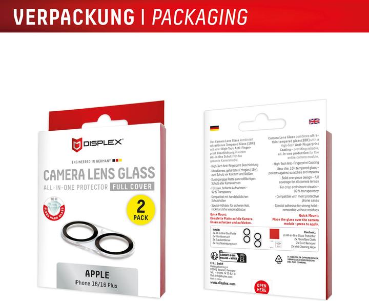 Produktbild Displex Full Cover Camera Lens Glass (2 Stück, Apple iPhone 16, Apple iPhone 16 Plus)