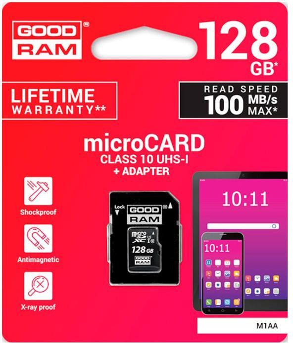 Produktbild Goodram M1AA-1280R12 - 128 GB - MicroSDXC - Klasse 10 - UHS-I - 100 MB/s - 10 MB/s (128 GB, microSDXC, U1, UHS-I)