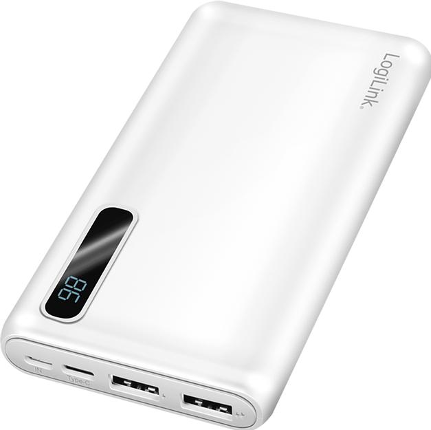 Produktbild LogiLink Powerbank 10000 mAh, 2x USB-A, 2-in-1 Kabel, mit Display, weiss (10000 mAh)