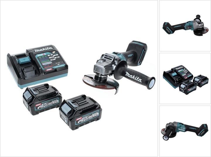 1x Seitengriff ( 158237-4 ), 1x Makita GA005GZ Akku Winkelschleifer 40 V max., 1x Montageschlüssel ( 7824231 ), 1x Makita DC 40 RA 40 V Schnell Ladegerät XGT LXT ( 191E07-8 ), 1x Schruppscheibe ( A-80656 ), 1x Schutzhaube, 2x Makita BL 4025 Akku 40 V 2.5 Ah XGT Li-Ion Akku ( 191B36-3 )
