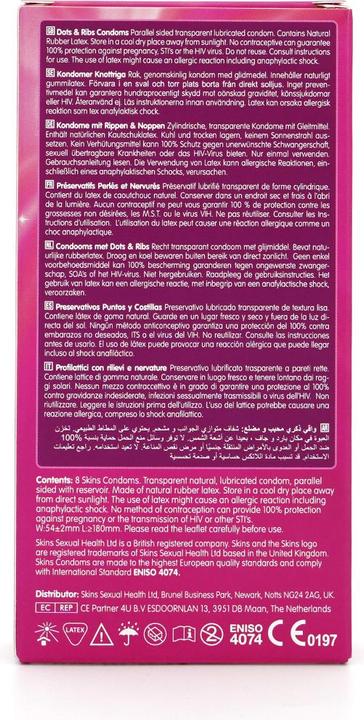 Produktbild Skins Dots & Ribs» 12 gerippt/genoppte Kondome aus kristallklarem Latex - ohne Latexgeruch (12 Stk.)