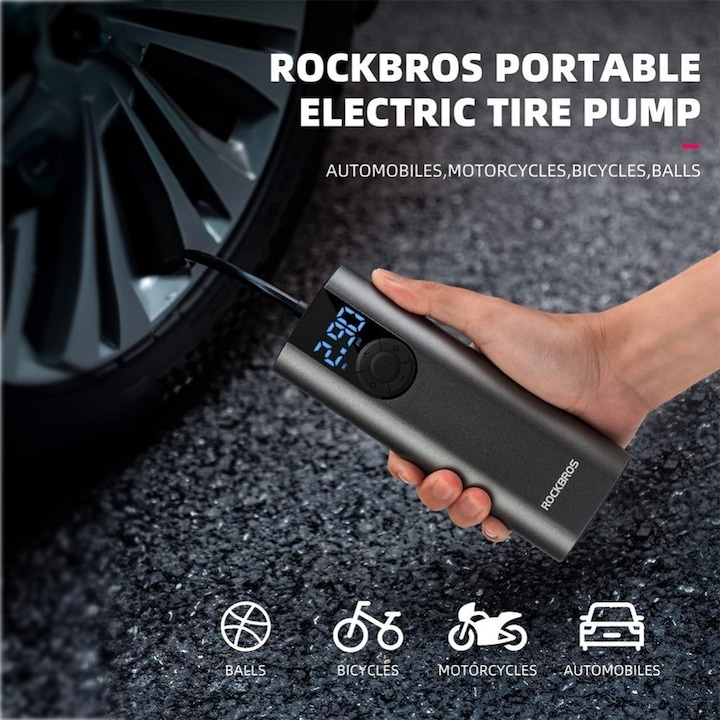 Actual product image Rockbros 42720001001 electric bicycle pump with LED display + USB-C - USB-A cable - black