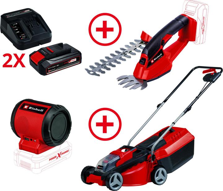 Actual product image Einhell Cordless lawn mower + cordless grass and shrub shears + 2x 2.5 Ah starter kit + cordless (Hedge shears, Lawn mower, Garden machinery spare parts)