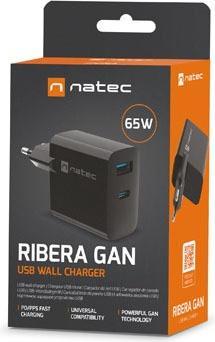 Produktbild Genesis Ladowarka sieciowa Natec Ribera Gan 1x USB-A + 1x USB-C 65W czarna (65 W)