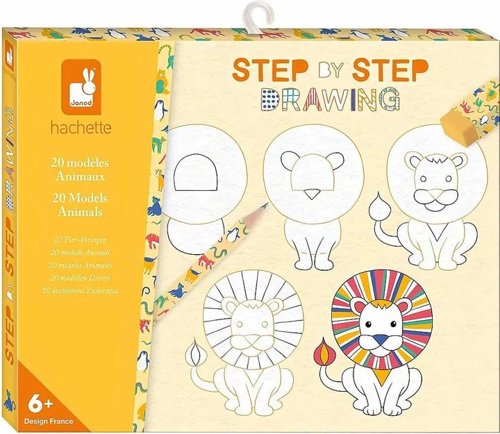 Janod Step by Step Drawing - Zeichnen lernen - 20 Tier-Modelle - Zeichenset für Kinder - Zeichen- und