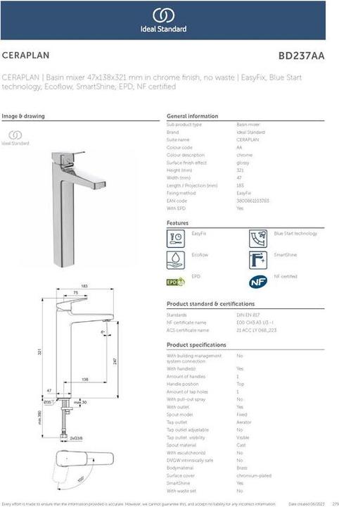 Produktbild Ideal Standard Waschtischarmatur Ceraplan H250 ohne Ablaufgarnitur Ausladung 138mm BlueStart