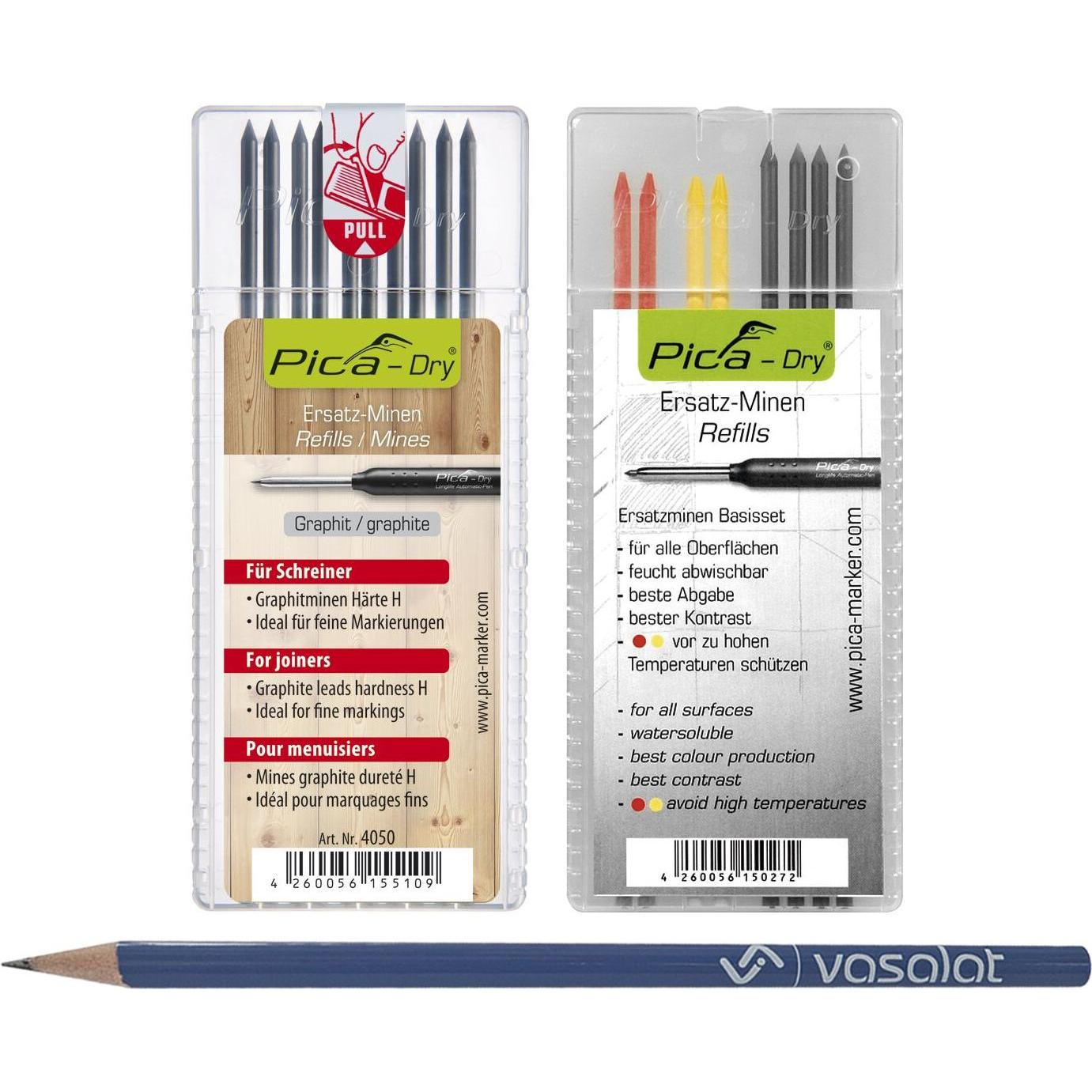 Vasalat, Bleistift, Pica Dry Minen Set - 10 Stück Minen Härte H + 8 Stück Minen in blau/weiss/grün (H, 10 x)