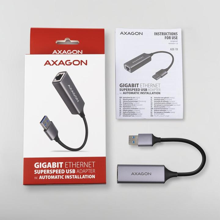 Actual product image Axagon ADE-TR Gigabit Ethernet 10/100/1000 Adapter - USB 3.1 Type A, Titanium Gray (USB 3.1, RJ45 (1x))