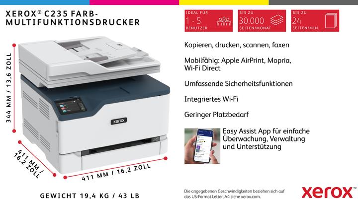 Immagine prodotto Xerox C235 A4 22 Seiten/Min. Kopie/Druck/Scan/Fax Wireless PS3 PCL5e/6 Automatischer Vorlageneinzug (Laser, Colore)