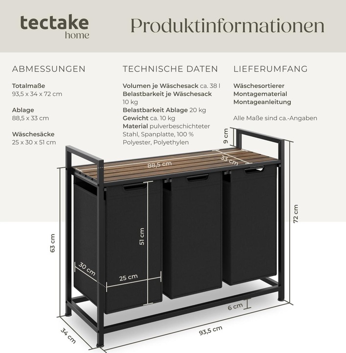 Produktbild tectake Wäschesortierer mit Ablage, Industrial Style (38 l)