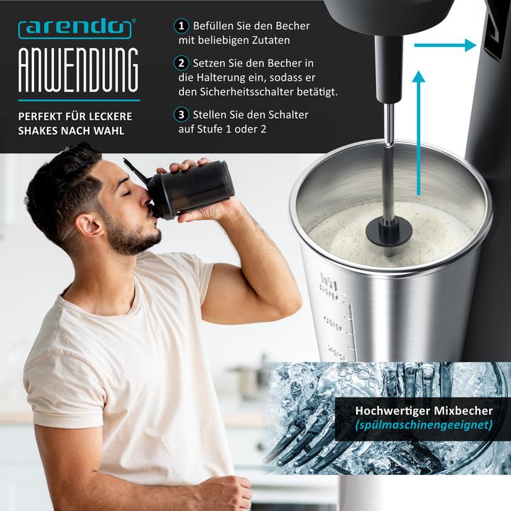 Produktbild Arendo Getränkemixer mit Mixbecher für Protein Shakes oder Cocktails, 22.000 U/min, 500 ml Volumen, schwarz (100 W)