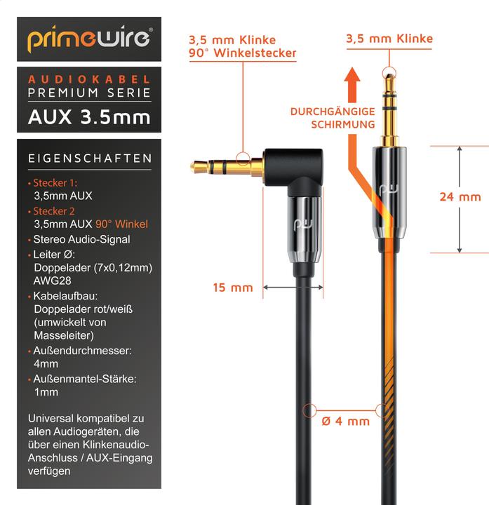 Actual product image Primewire AUX to 3.5mm Jack Audio Cable 90° Angled, HiFi Jack Cable Connection Cable for Audio Devices (5 m, 3.5mm jack (AUX))