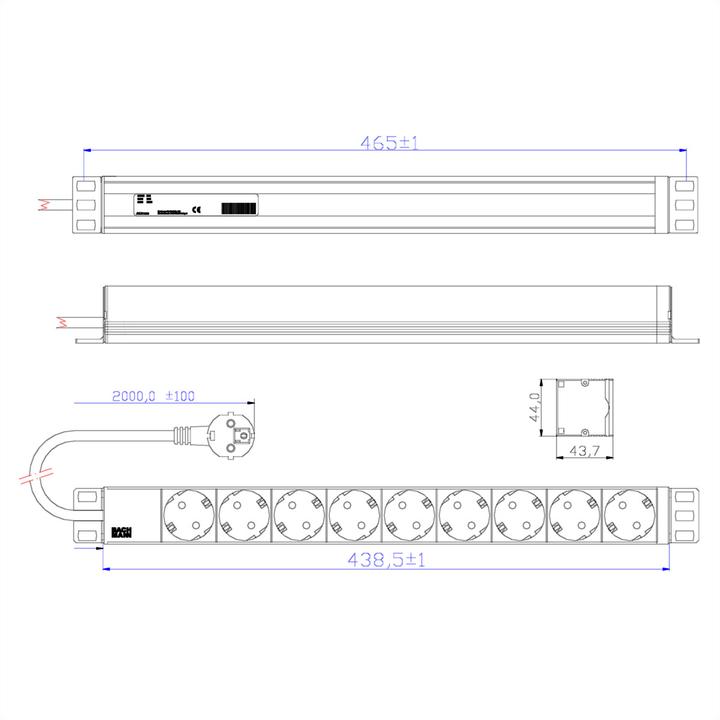 Actual product image Bachmann 19" 1U 9xCEE7/3 power 2.0m (9x, CEE 7/3, 2 m)