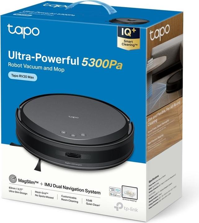 Actual product image TP-Link Tapo RV20 Max, Bagless, Black, Round, Charging, 55 dB, 0.3 L (5300 Pa, Wiping cloth)