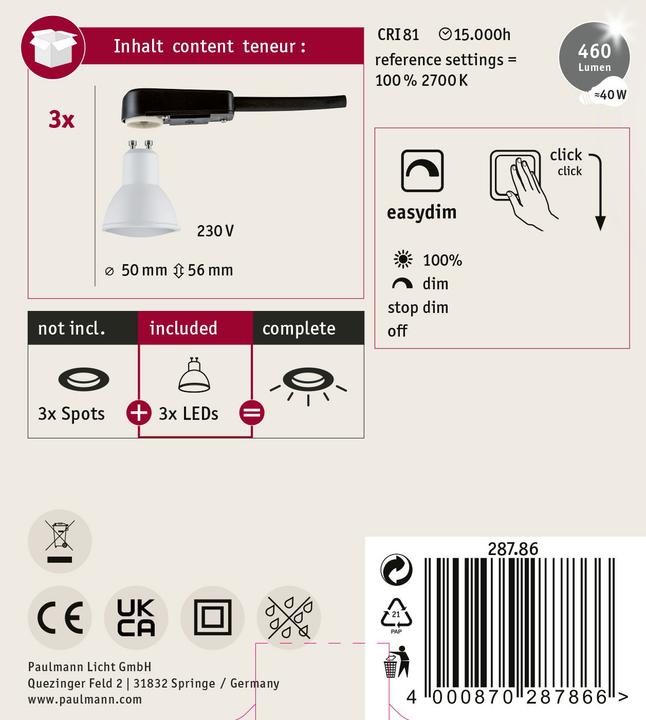 Produktbild Paulmann Reflektor 3er Set (GU10, 460 lm, 3x)