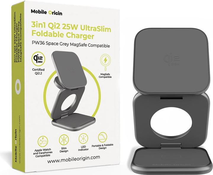 Image du produit Mobile Origin 3in1 Qi2 25W UltraSlim Foldable Charger PW36 MagSafe Compatible Space Grey (25 W)