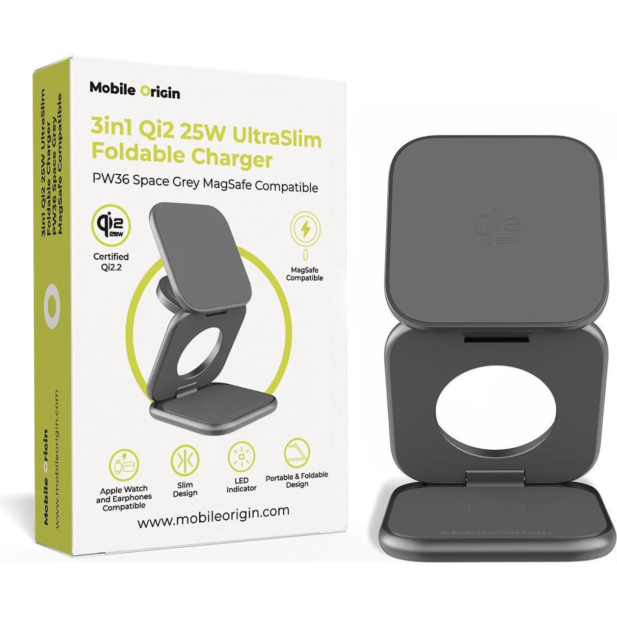 Mobile Origin 3in1 Qi2 25W UltraSlim Foldable Charger PW36 MagSafe Compatible Space Grey (25 W), Caricabatteria senza fili, Grigio
