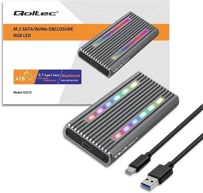 Produktbild Qoltec Obudowa | kieszeń na dysk M.2 SSD SATA | NVME | RGB LED | USB-C (M.2 2230, M.2 2242, M.2 2280, M.2 2260)