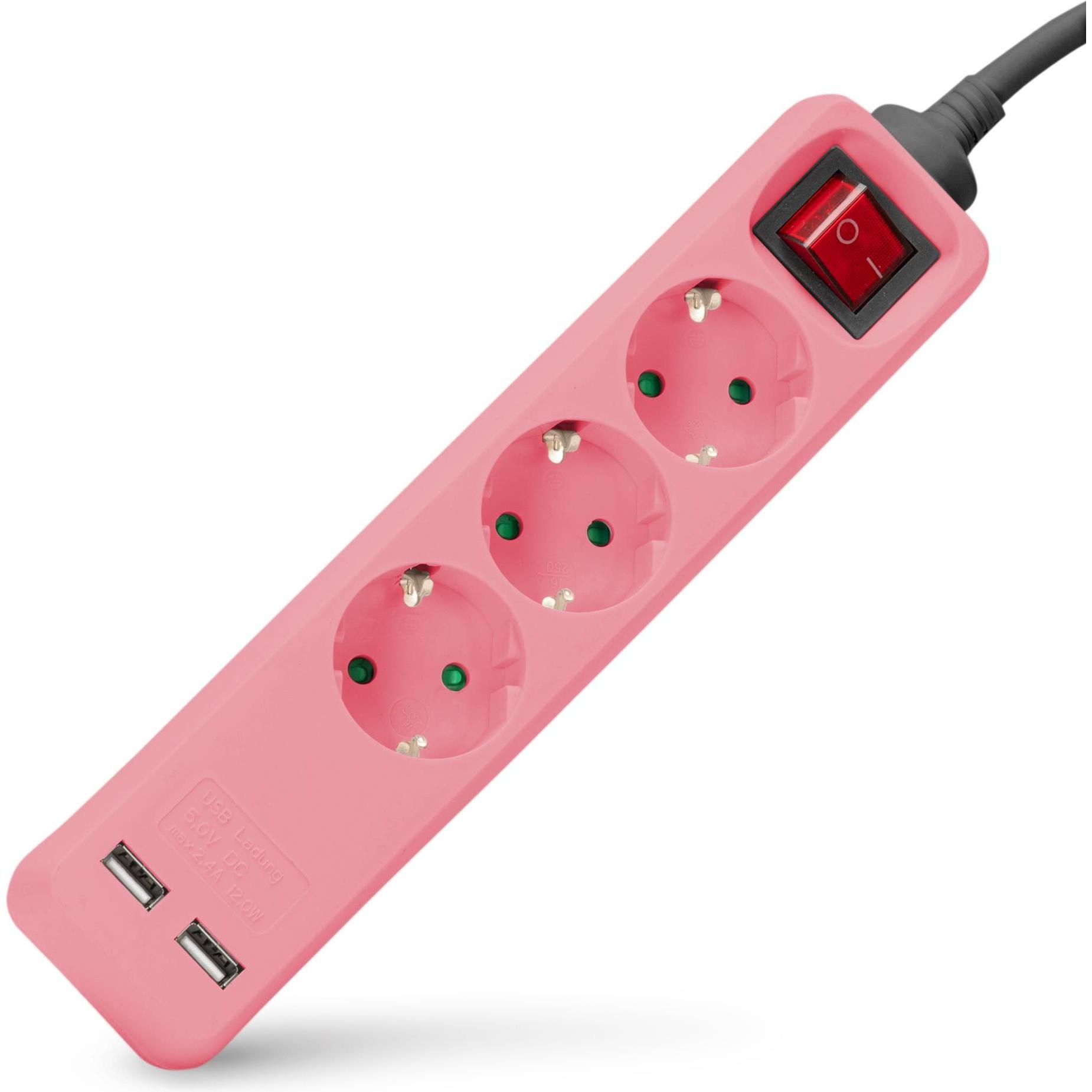 Entac, Ciabatta multipresa, Steckdosenleiste 3fach 2x USB-A, 1,5m pink (3x, USB-A, 1.50 m)
