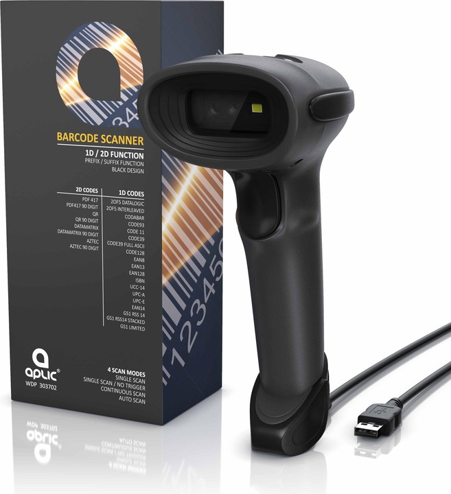 Produktbild Aplic USB Barcode Scanner kabelgebunden, Handscanner, 1D und 2D, Single Scan & Auto Scan (1D-Barcodes, 2D-Barcodes)