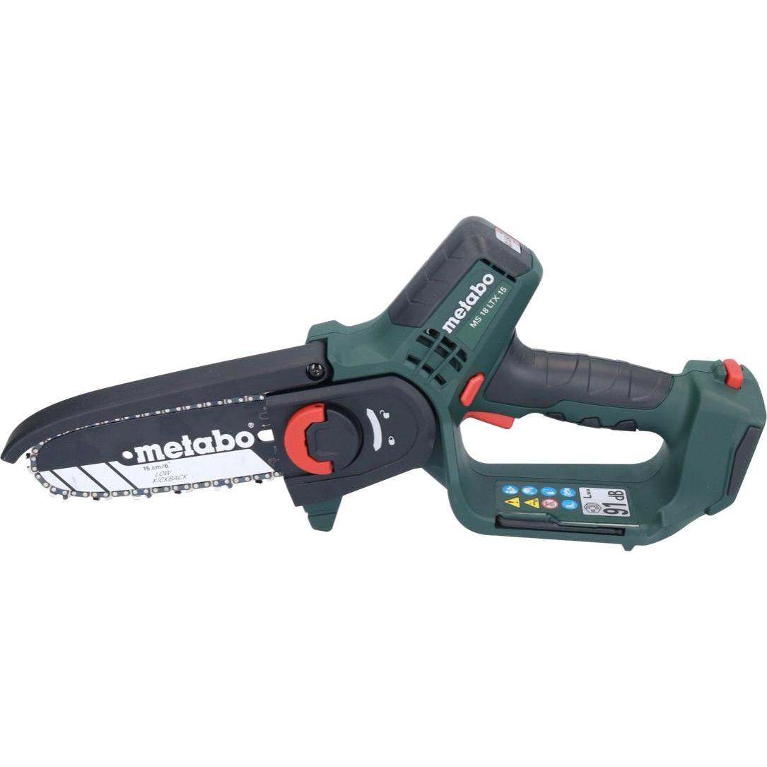 Metabo, Kettensäge, MS 18 LTX 15 Akku Gehölzsäge 18 V 15 cm 5 m/s + 2x Akku 5,5 Ah + Ladegerät + metaBOX (Akku Kettensäg...