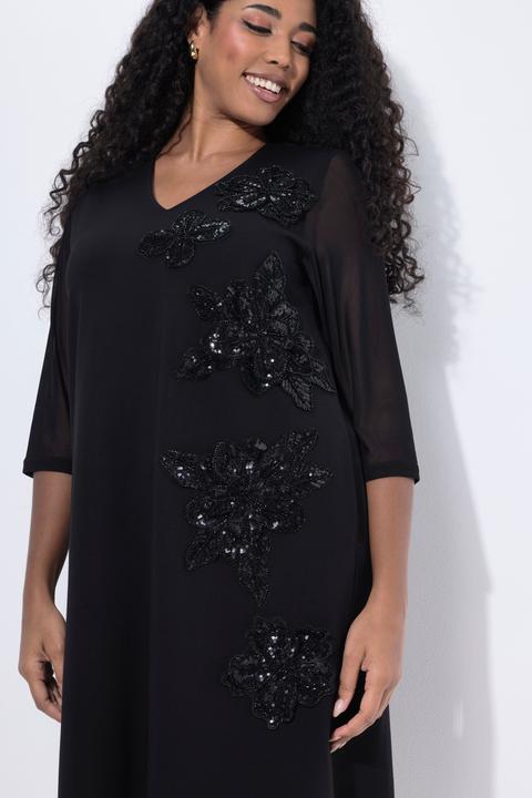 Image du produit Ulla Popken Robe en point de Rome, fleurs en paillettes sequins, décolleté en V, manches 3/4 et poches (50, 52)