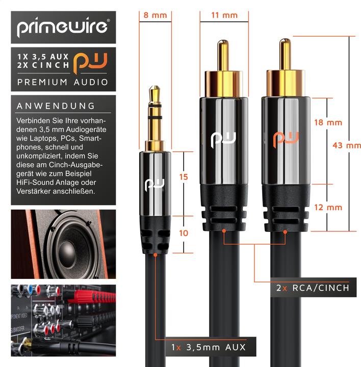 Produktbild Primewire Cinch zu 3,5mm Klinke Audio Kabel, Cinchkabel, RCA, AUX, Stereo HiFi Adapter mehrfach geschirmt (5 m, Cinch, 3.5mm Klinke (AUX))