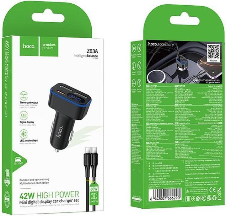 Produktbild Hoco Auto charger Car charger with LCD 2xUSB A + 1xUSB C PD QC3.0 42W Z63A black