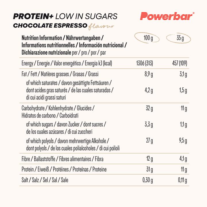 Nährwerte und Zutaten Powerbar Protein Plus Low Sugar (Espresso, Schokolade, 16 Stk., 560 g)