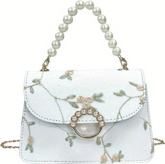 Actual product image Only-Bags.Store Elegante, floral bestickte, quadratische Mini-Tasche mit Kunstperlen-Akzenten und verstellbarem