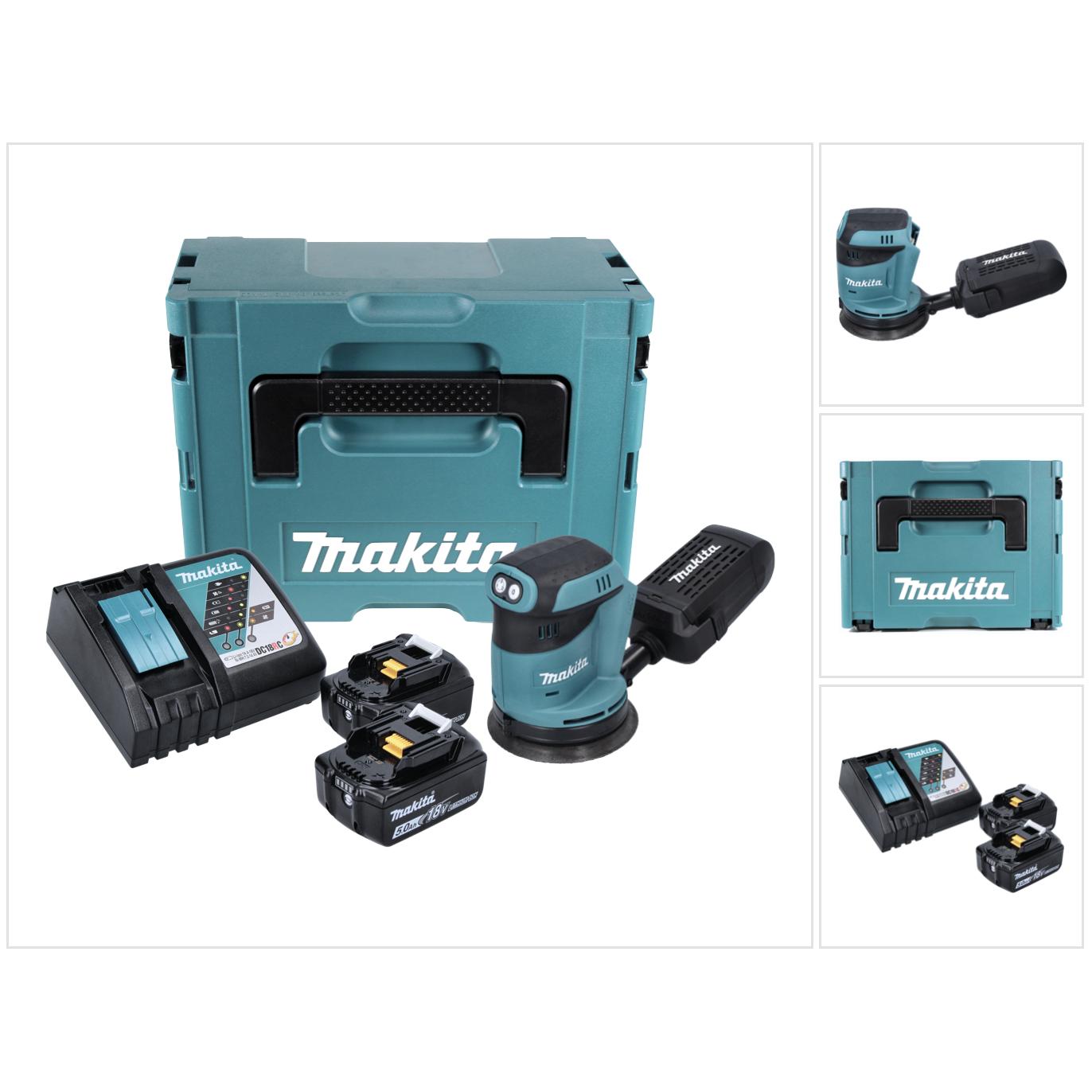 Makita, Schleifmaschine + Poliermaschine, DBO 180 RTJ Akku Exzenterschleifer 18 V 125 mm + 2x Akku 5,0 Ah + Ladegerät + ...
