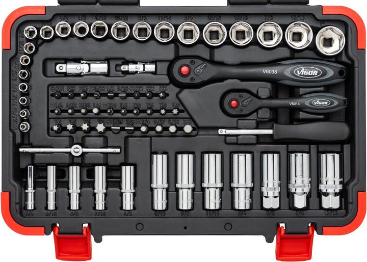 Productafbeelding Vigor Werkzeugkoffer ∙ V2470N ∙ 5/16 Zoll (8 mm) Sechskant, 1/4 Zoll (6,3 mm) Vierkant, 3/8 Zoll (… (92 onderdelen)