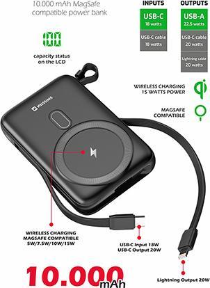 Produktbild Swissten Power Bank 10000 Mah 20W (Magsafe Compatible) with Built-In Cables USB-C And Lightning (10000 mAh, 22.50 W, 38.50 Wh)