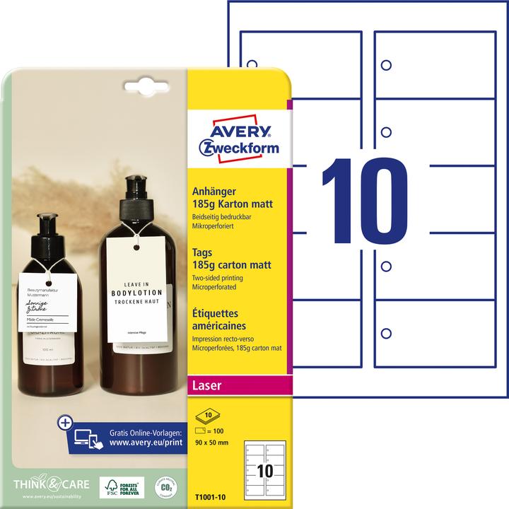 Produktbild Avery Kartonanhänger, 185 g/qm, 90 x 50 mm, weisse extra feine Mikroperforation, beidseitig bedruckt