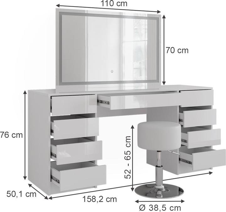 Image du produit Vicco Sherry avec miroir LED et tabouret (158.20 x 50.10 x 76 cm)