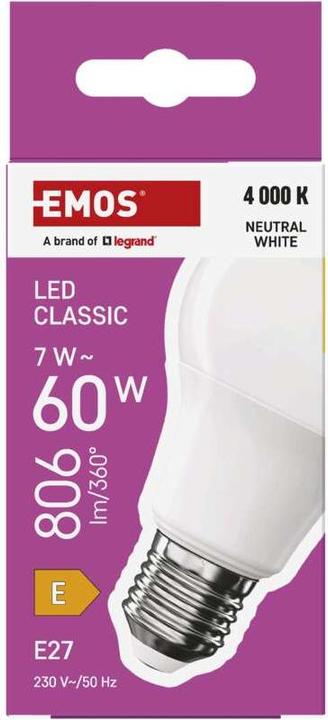 Image du produit Emos Lampe LED Classic A60 / E27 / 7 W (60 W) / 806 lm / Blanc neutre (E27, 7 W, 806 lm, 1 x, E)